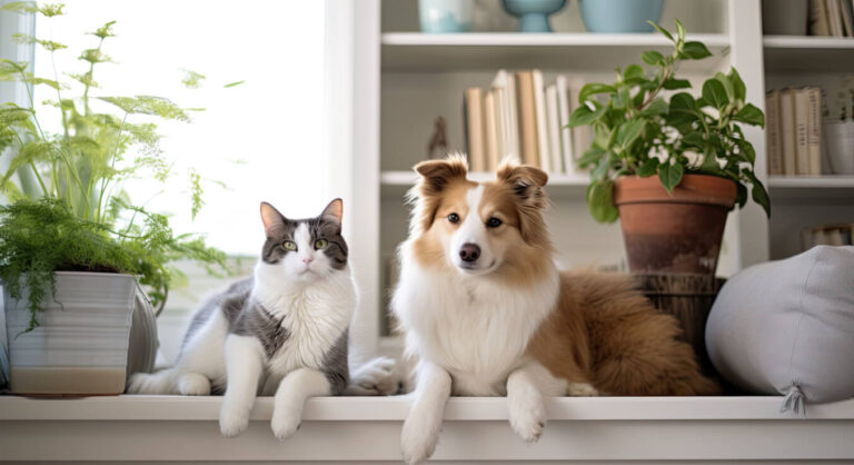 Katze und Hund zuhausee liegen entspannt nebeneinander und schauen in die Kamera