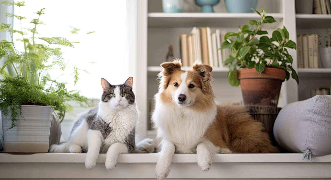 Katze und Hund zuhausee liegen entspannt nebeneinander und schauen in die Kamera