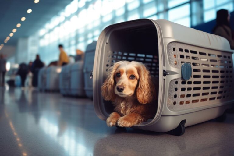 hund in transportbox für frachtraum des flugzeugs