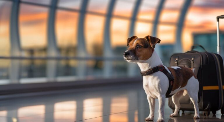 hund am flughafen vor handegepäckskoffer